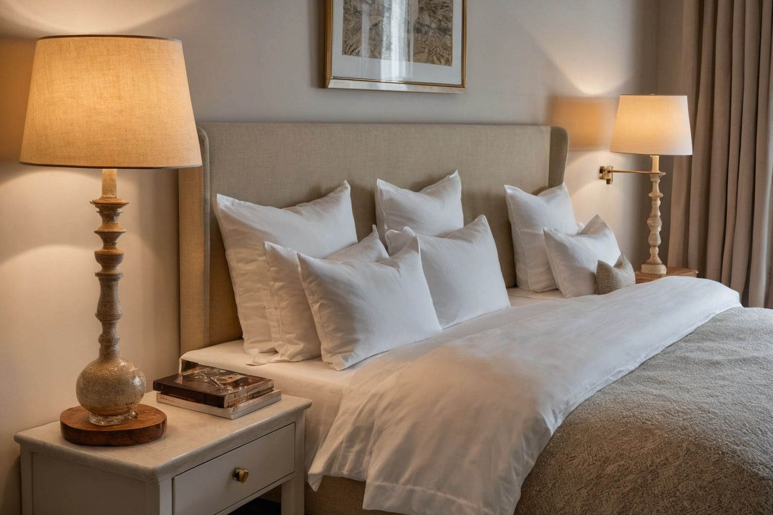 Warm bedside lamps replacing a single ceiling light