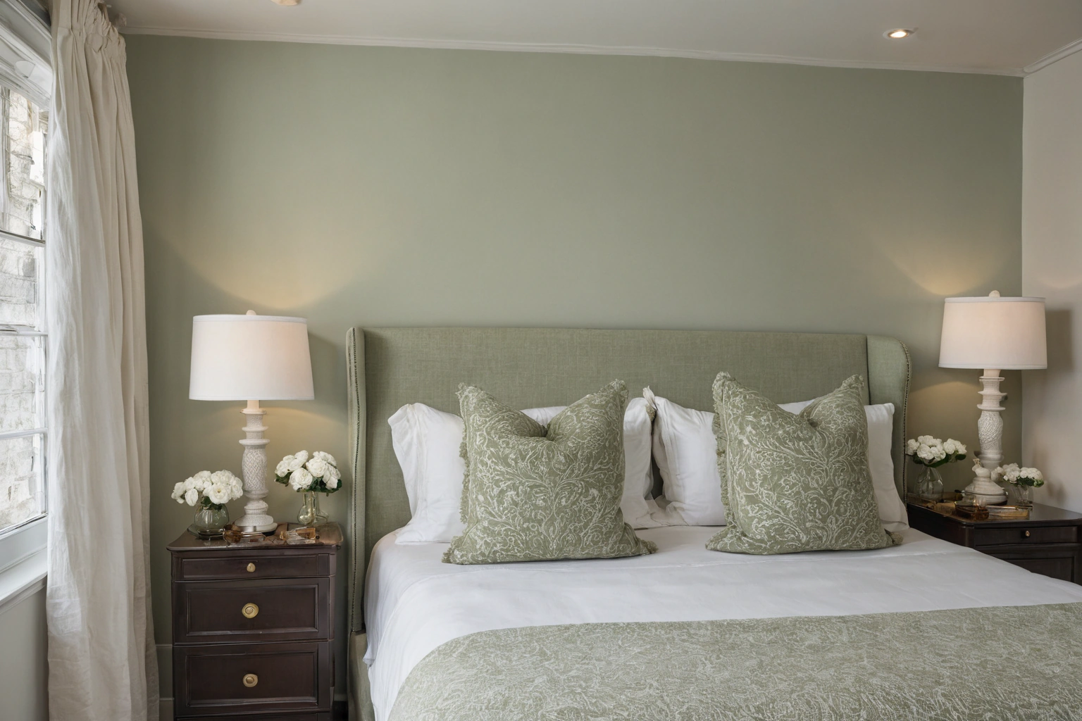 Guesthouse bedroom unified around one calm palette