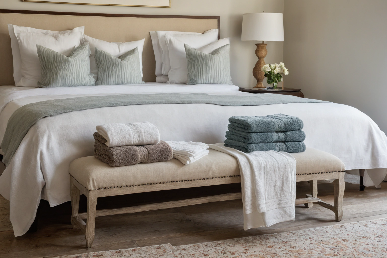 Upholstered luggage bench at the foot of a guest bed