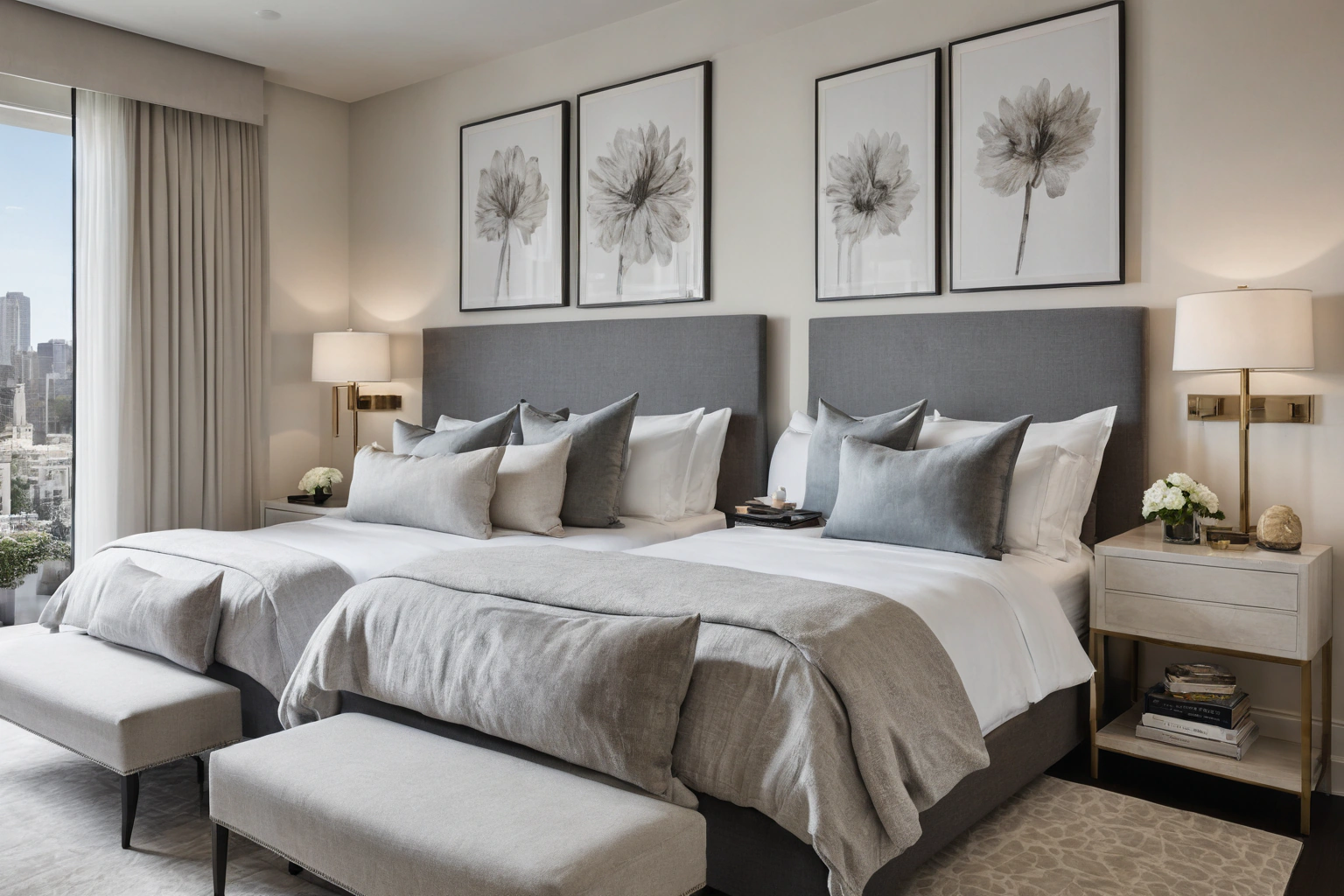 Guest room styled with two large artworks and a single throw